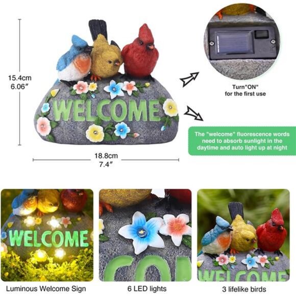 Solar Bird Statue for Garden Decor: Welcome Sign Outdoor Lawn Home Window Decor - Picture 4 of 7